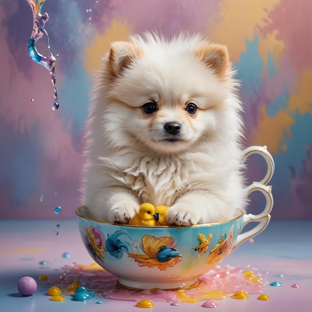 Pomeranian Puppy Tea Party: Hyperrealistic Splash Art