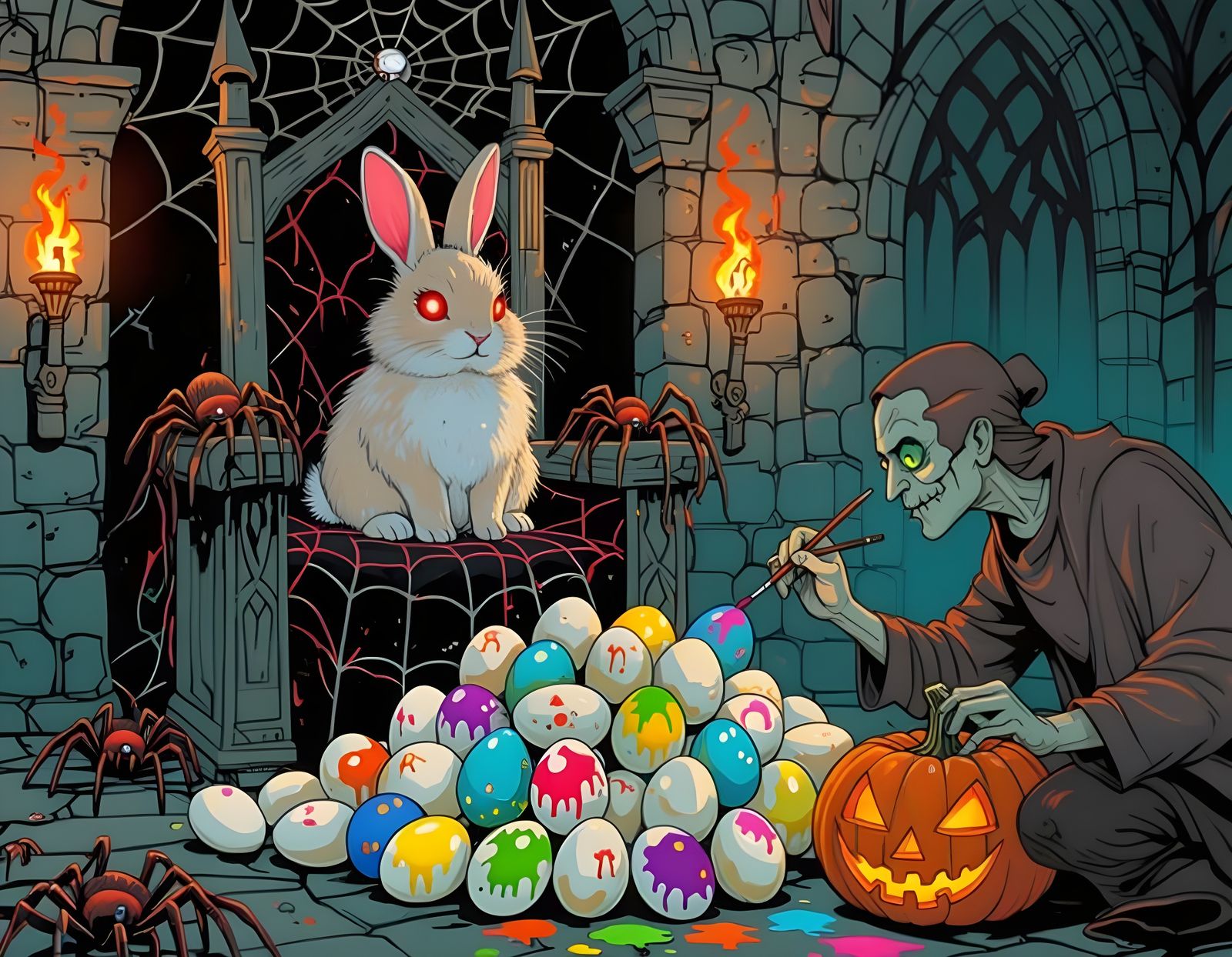 Fluffy Bunny King on Spider Throne with Jack-o-Lantern