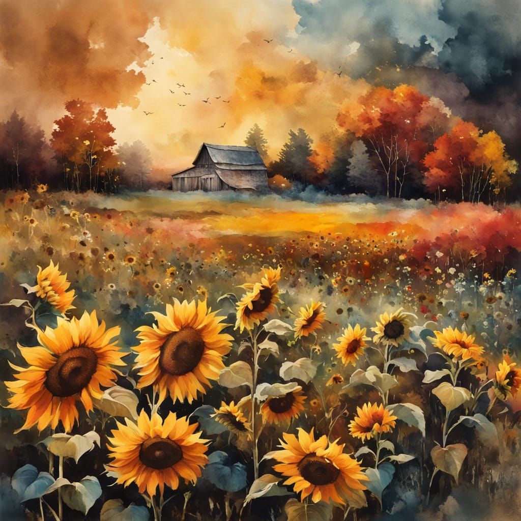Colorful Sunflowers in Earth Tones as Ink Painting