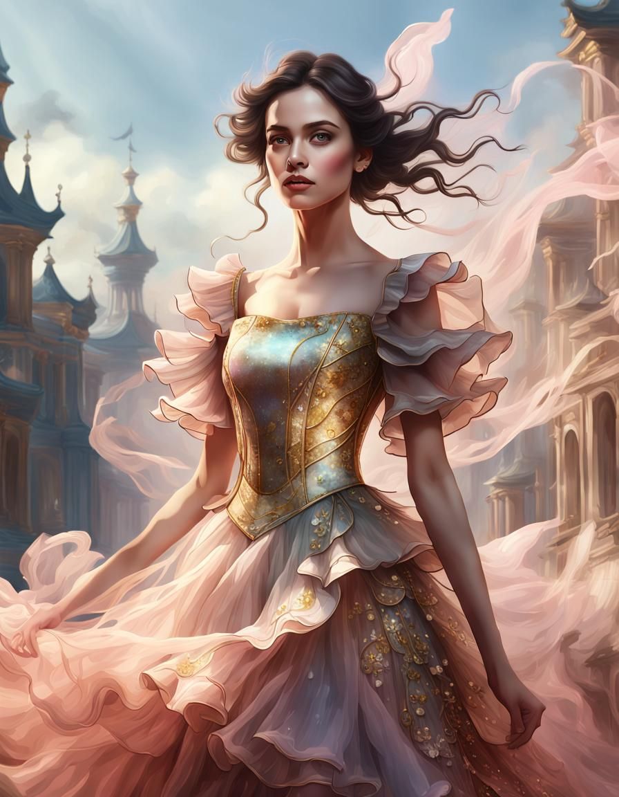 Brunette in Pink Organza Dress: Fantasy Concept Art