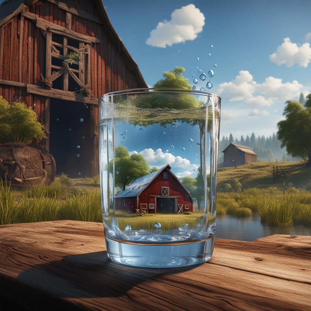 Barn in Glass of Water: Detailed Matte Painting