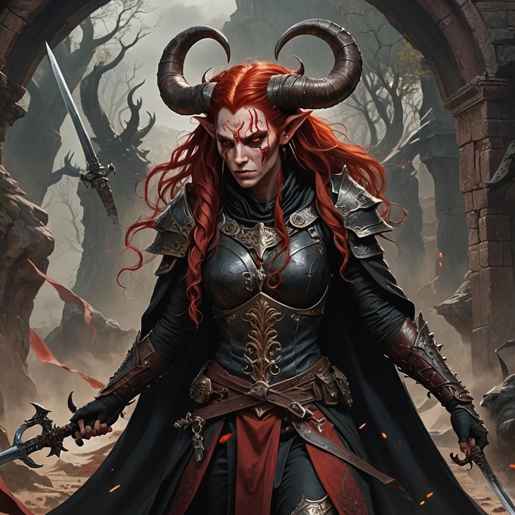 Tiefling Warrior Woman with Swords: Fantasy Concept Art