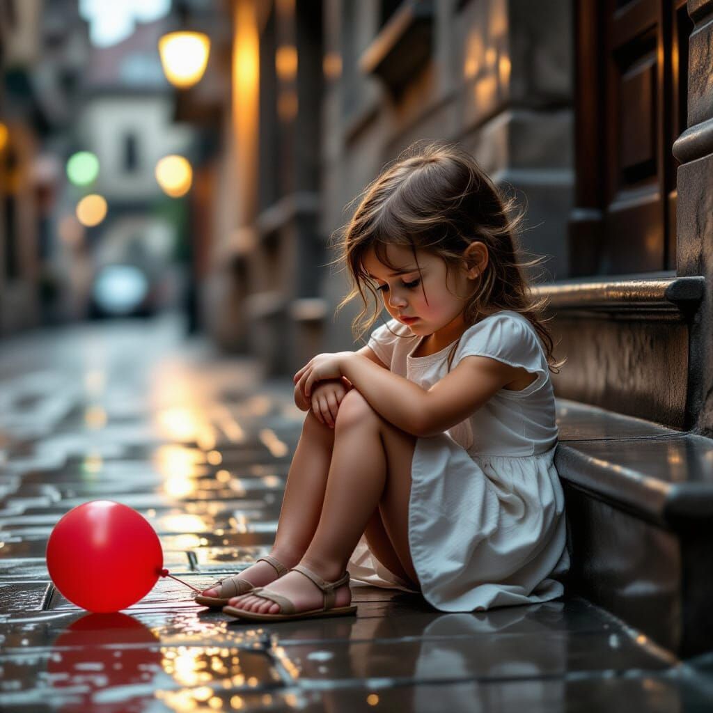 Vulnerable Girl on Rain-Soaked Street with Red Balloon
