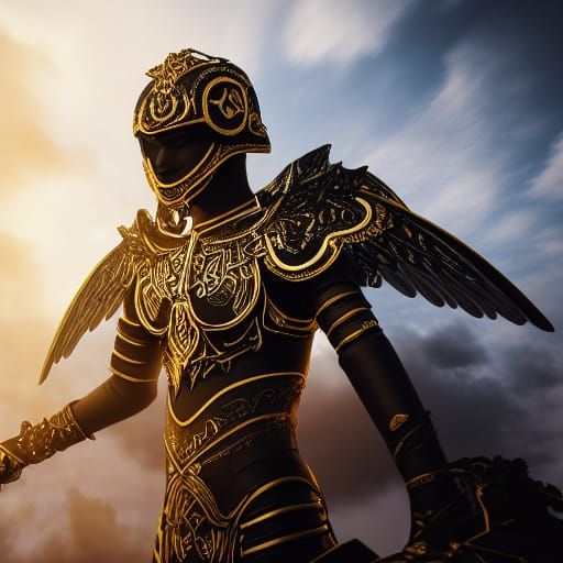 Angel in Black and Gold Armor with Flaming Sword