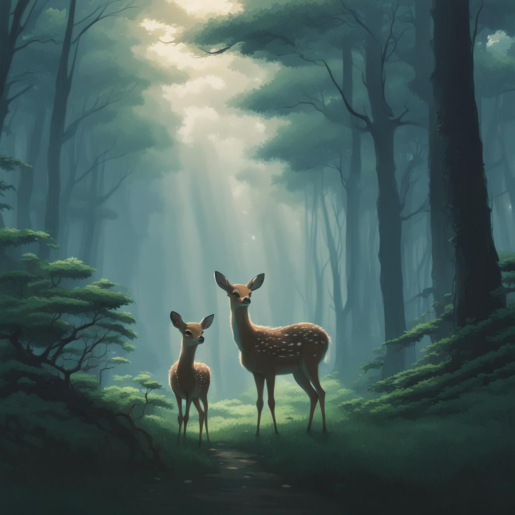 Mysterious Baby Deer in Foggy Forest, Anime Style