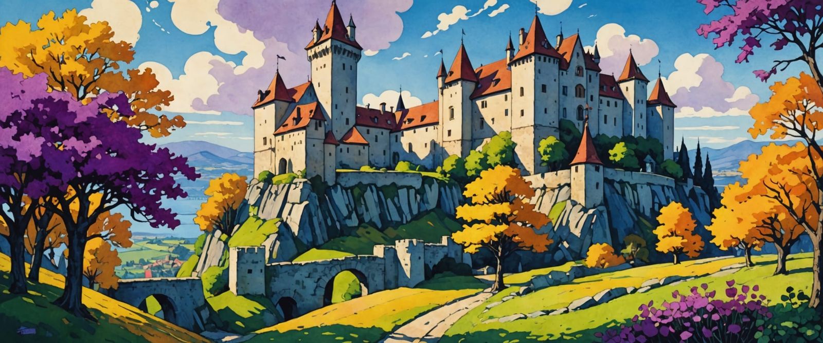 Watercolor Medieval Castle with Vibrant Flowers