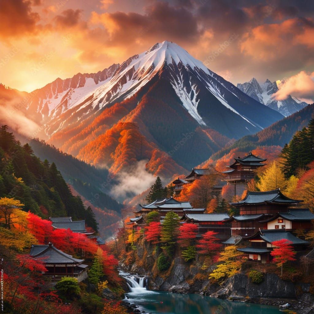 Japanese Village in Mountainous Landscape Panorama