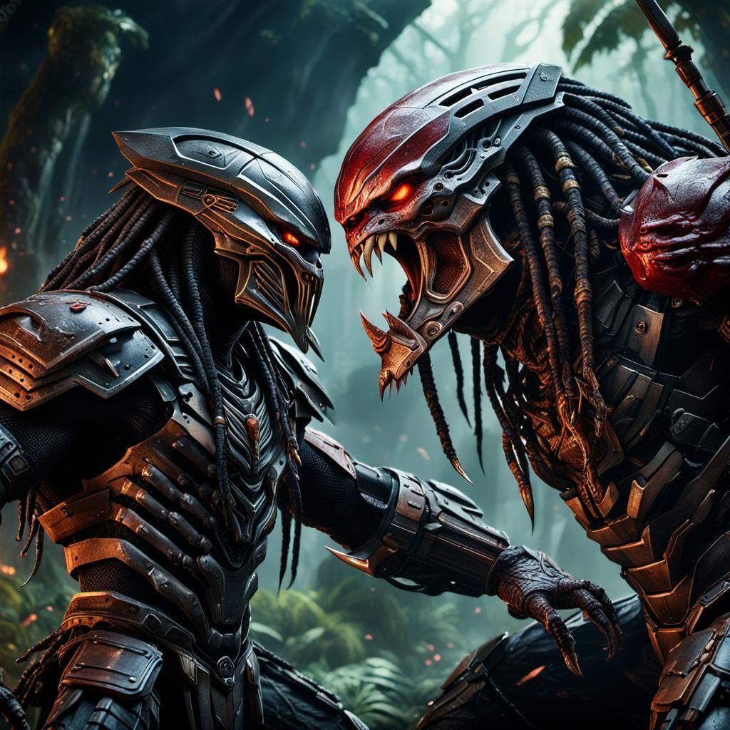 Predator Battles a Demon in Detailed Matte Painting