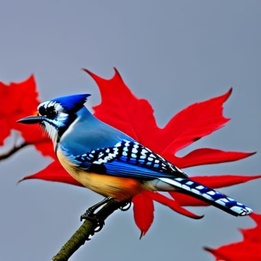 Hyperrealistic Blue Jay and Red Maple Leaf Artwork