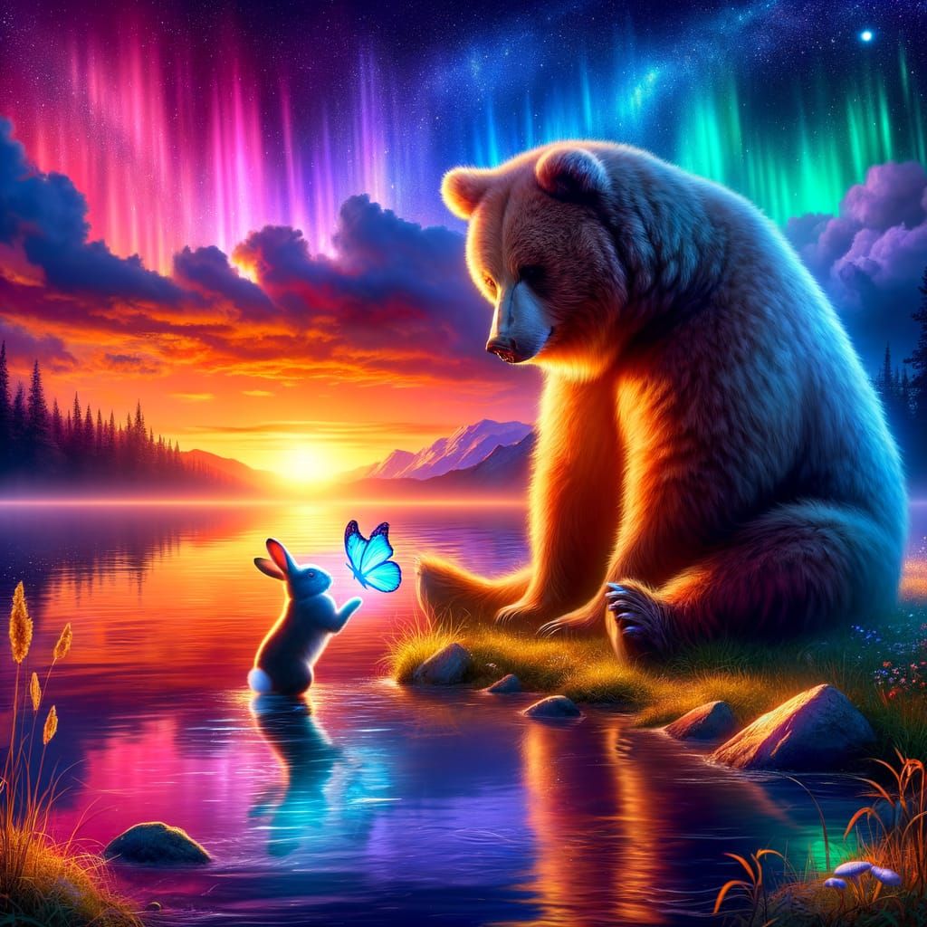 Bear and Rabbit by Lake at Sunset, Hyperrealistic