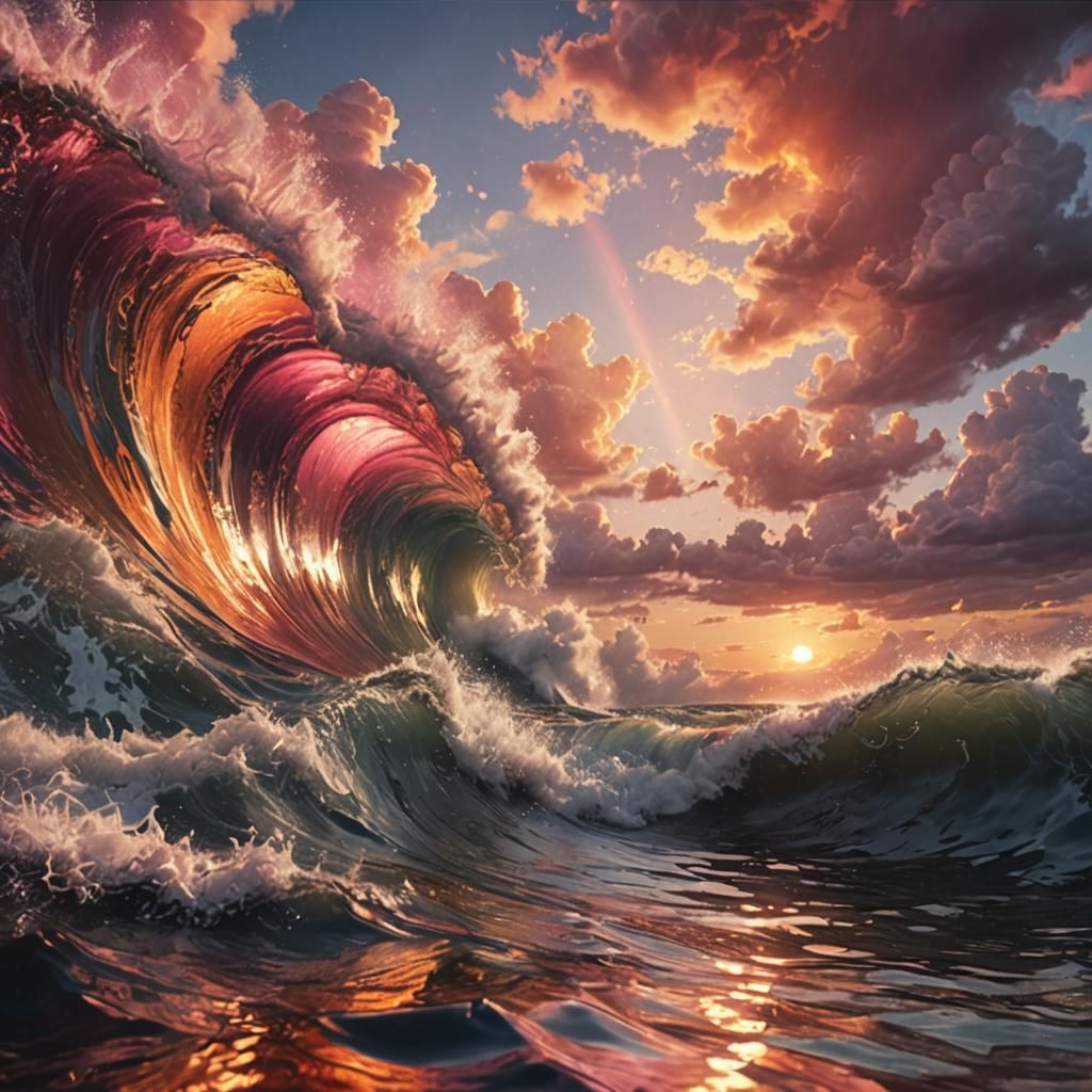 Rainbow Waves Under Sparkling Sunset: A Matte Painting