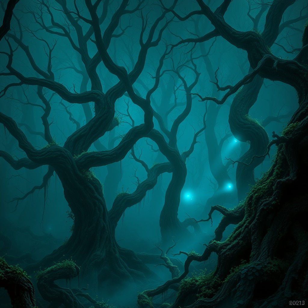 Eerie Bioluminescent Forest in Perpetual Twilight