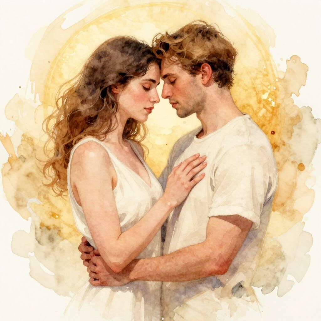 Couple Embracing in Painterly Watercolor Style