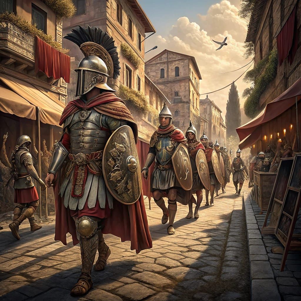 Roman Legionnaires March in Lockstep Down Ancient Road