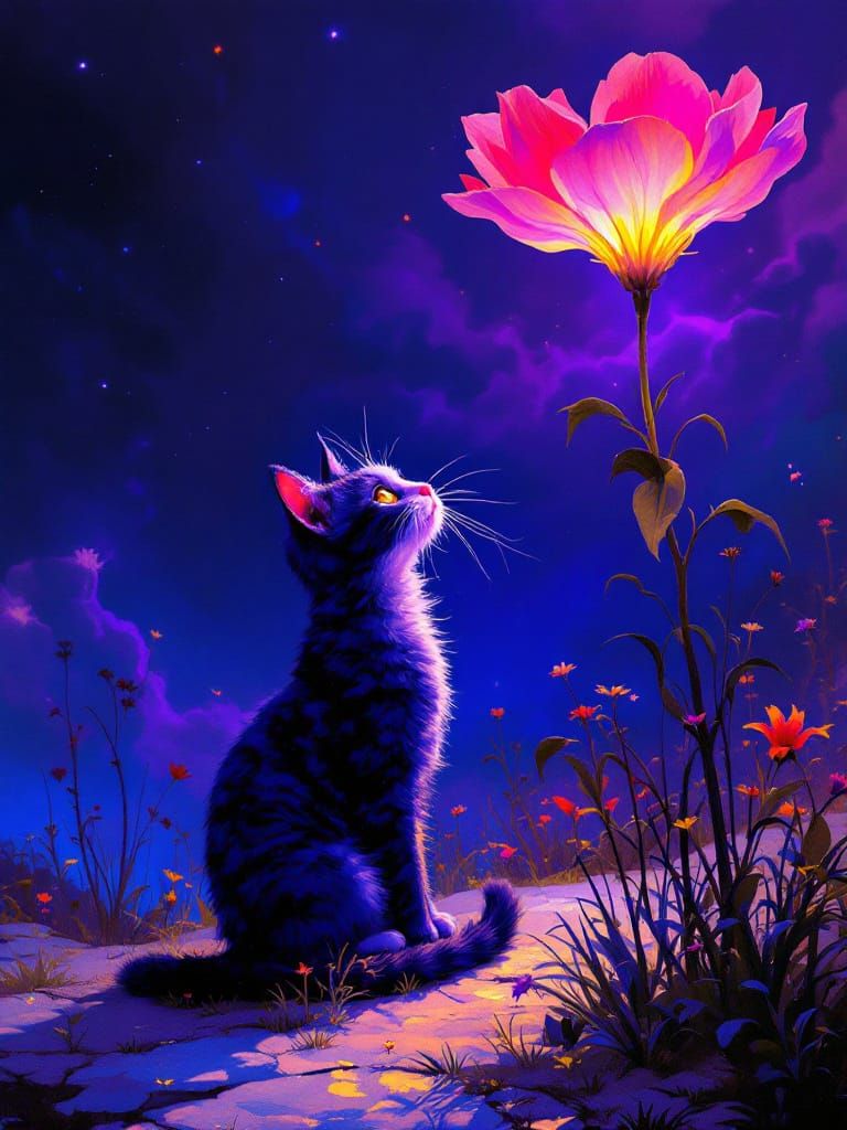 Adorable Cat Amidst Glowing Petals in Starlight
