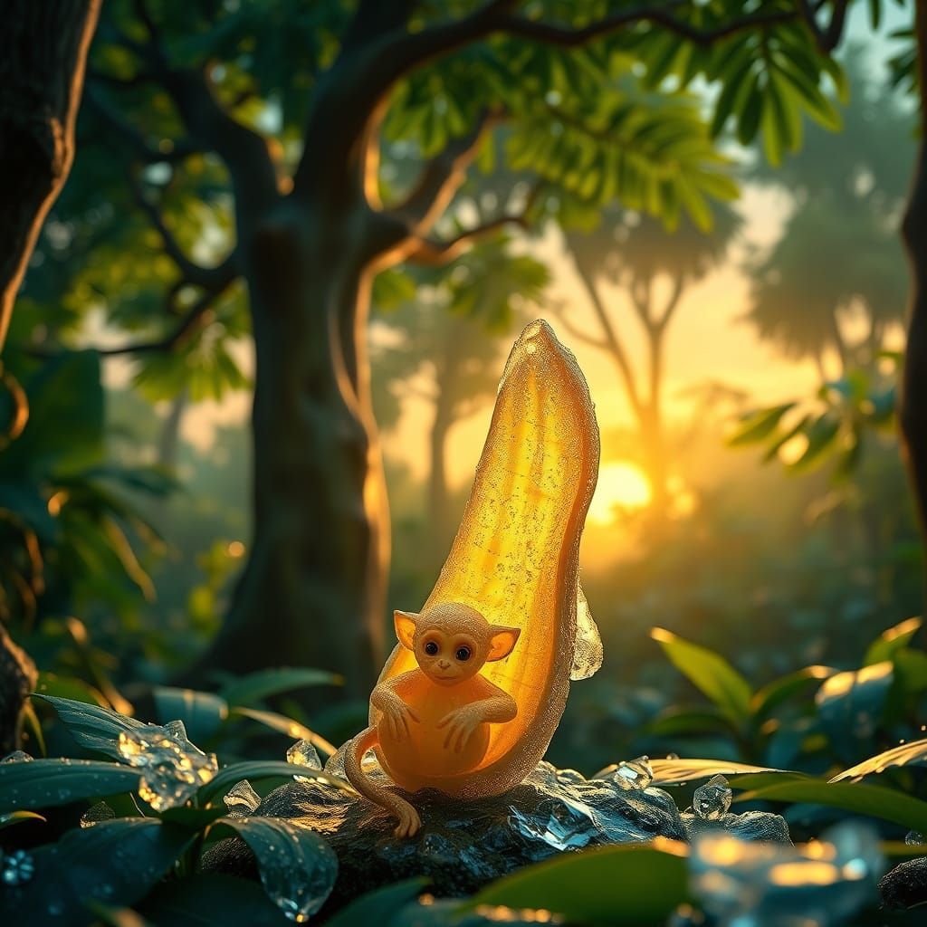 Frozen Jungle Monkey in Whimsical Sunset Scene