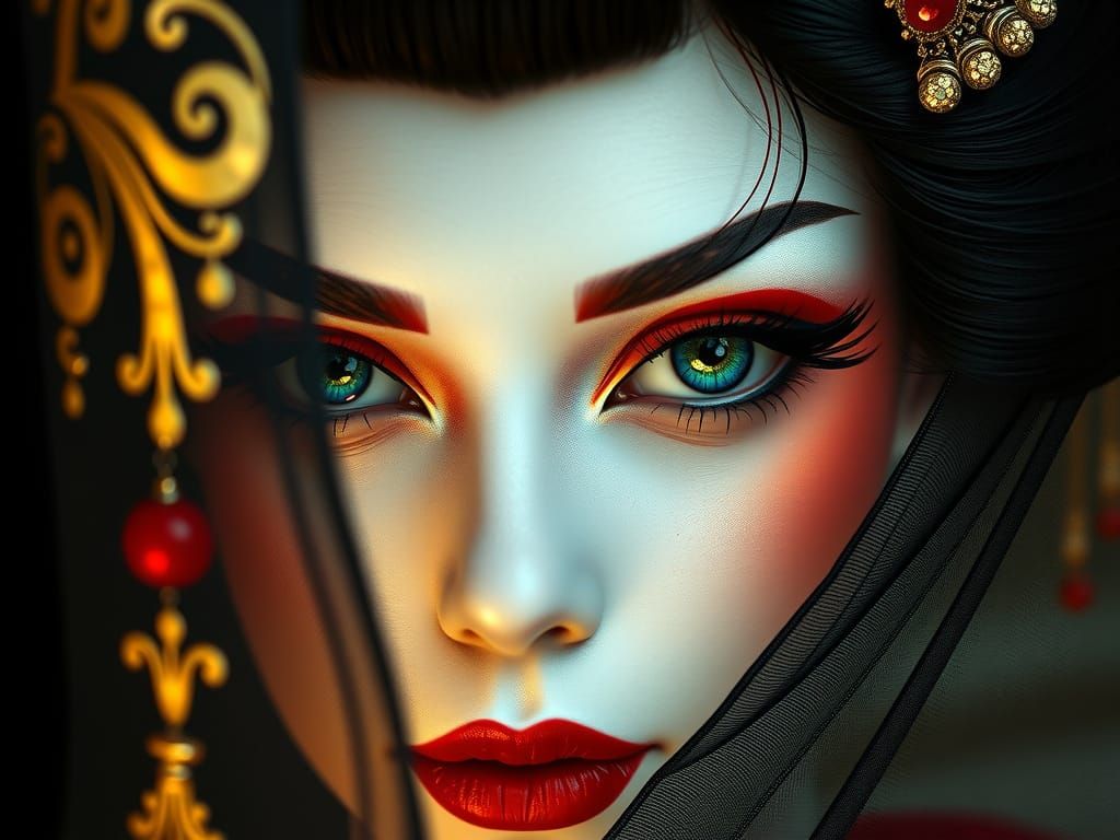 Geisha's Enchanted Blue Eyes Shine with Golden Light
