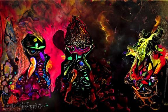 Colorful Alien Figures with Volcano Eruption
