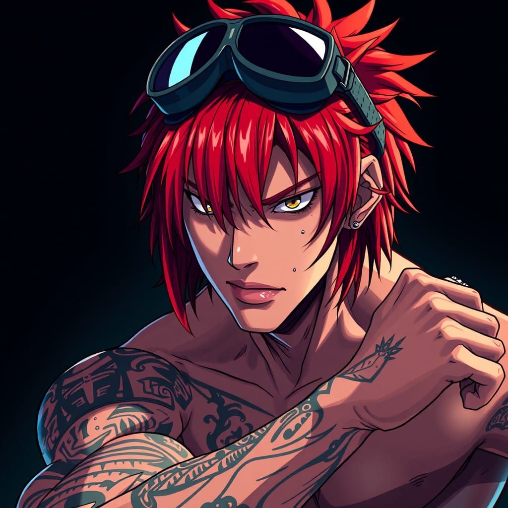 Dynamic Red-Haired Anime Character with Goggles