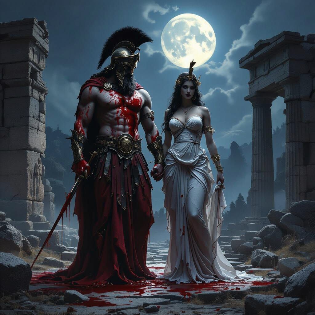 Bloodied Greek Gods Ares and Aphrodite in Spooky Temple