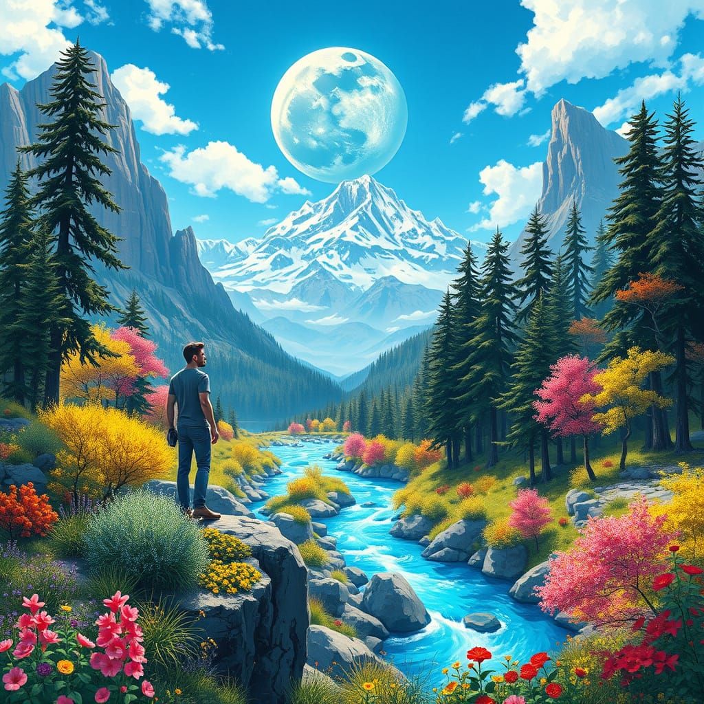 Mountain Man in Spring Landscape: Romanticism Style