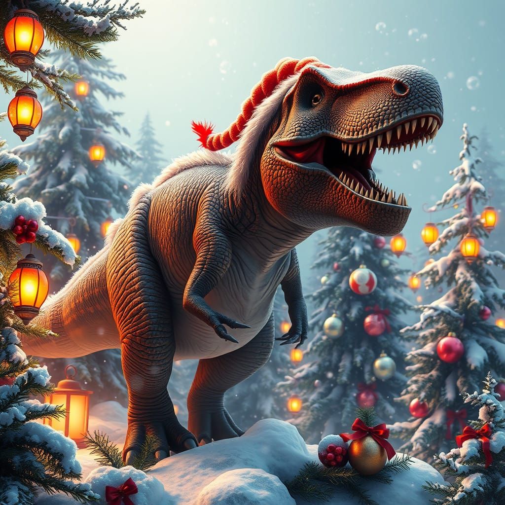 Fantastical Winter Wonderland with a Festive T-Rex