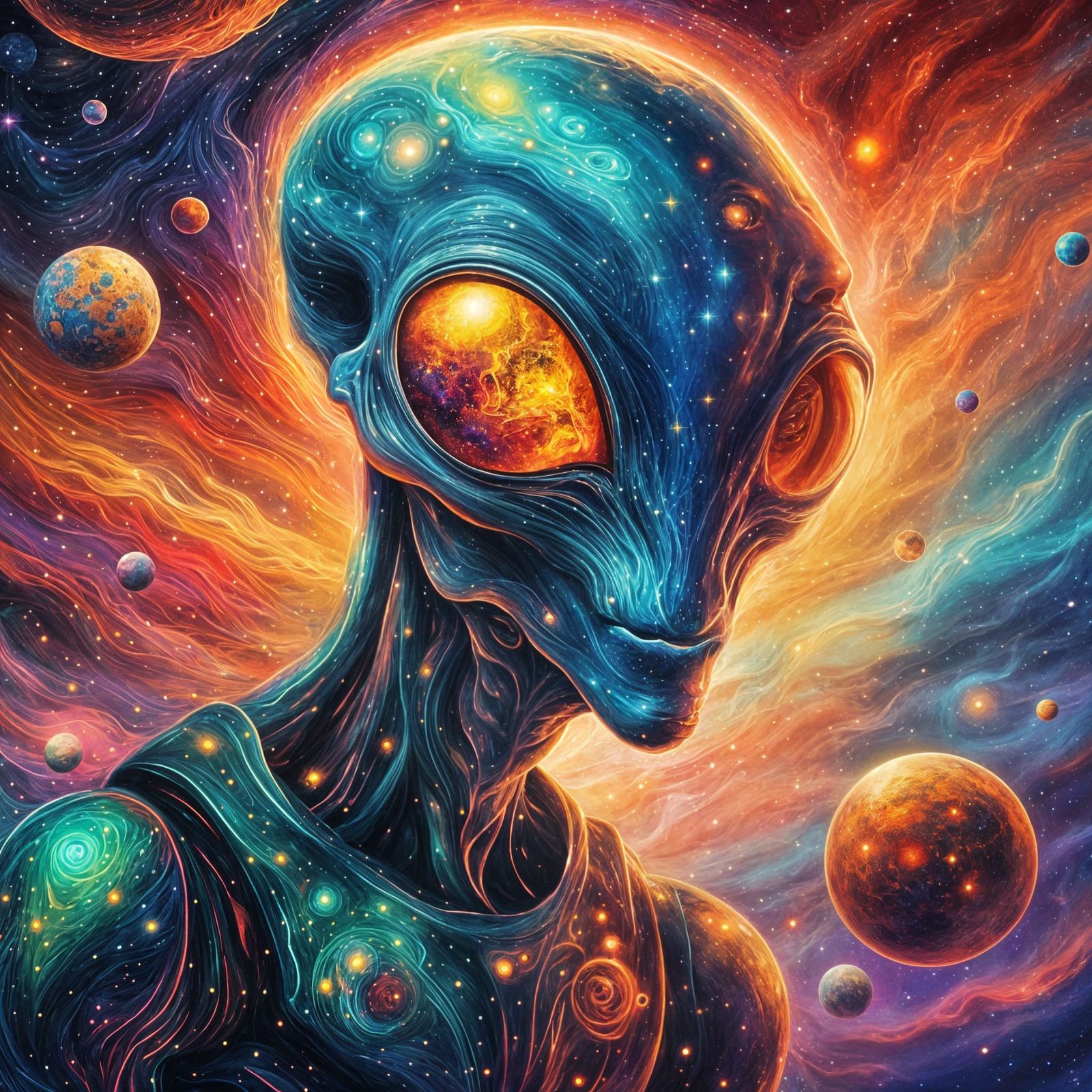 Alien in Space Amid Astral Clouds as Surreal Oil Painting