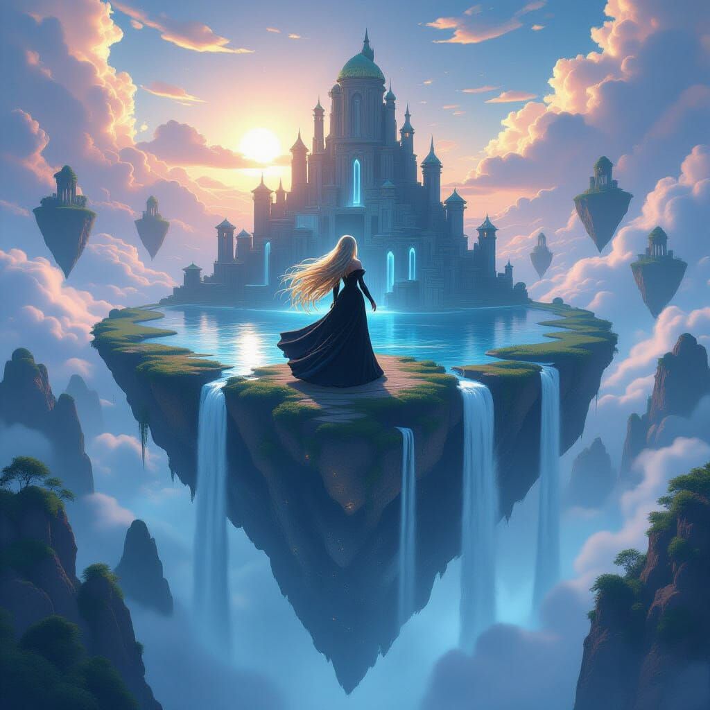 Anime Sorceress on Floating Island with Waterfalls