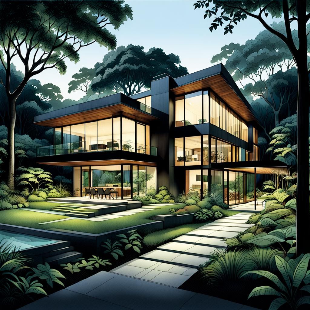 Modern House Amidst Lush Vegetation, Comic Book Art