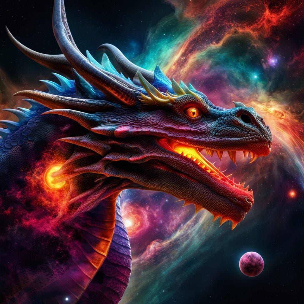 Planetary Dragons in Exploding Nebula, Hyperrealistic Art