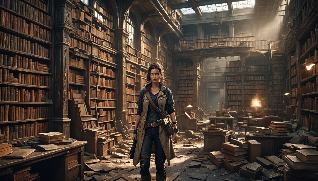 Post-Apocalyptic Bookworm in Ruined Library: Matte Painting