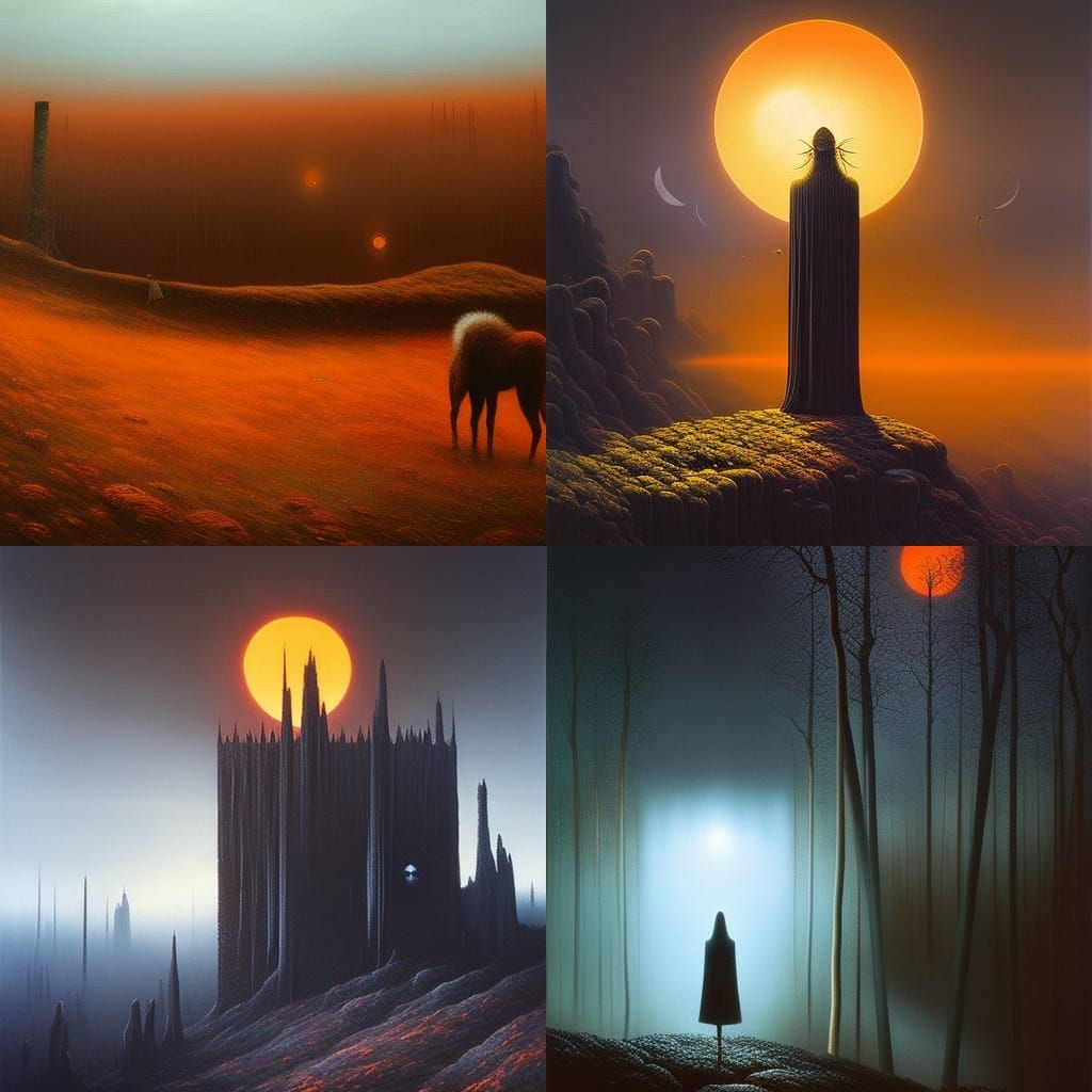 Beksinski-Inspired Woman, Wolf, and Alien City