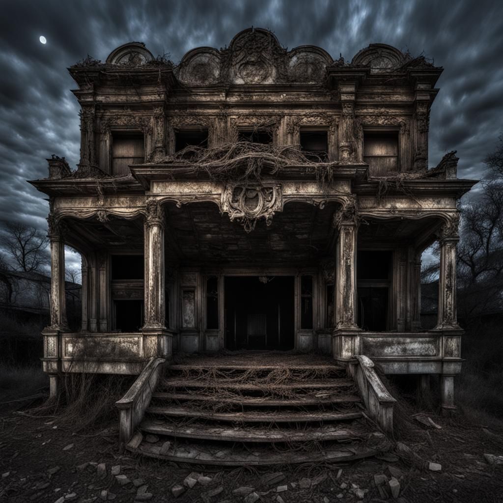 Sinister Dilapidated Theater at Night in HDR