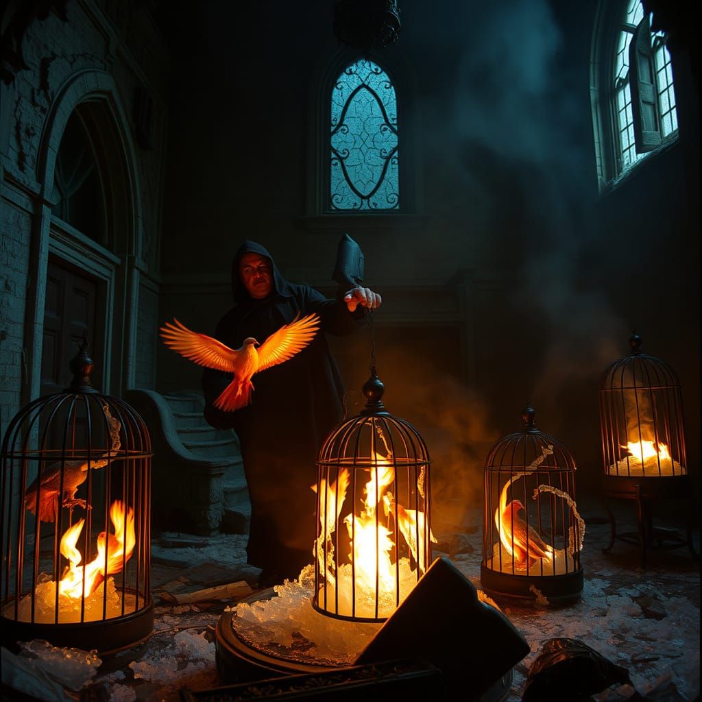 Firebirds trapped in cages