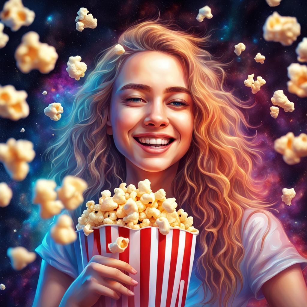 Smiling Girl Eating Popcorn: Holographic Astral Illustration