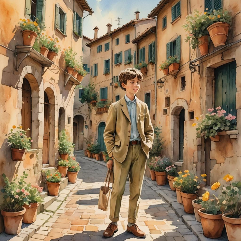 Boy in Khaki Suit in Ancient Italian Village