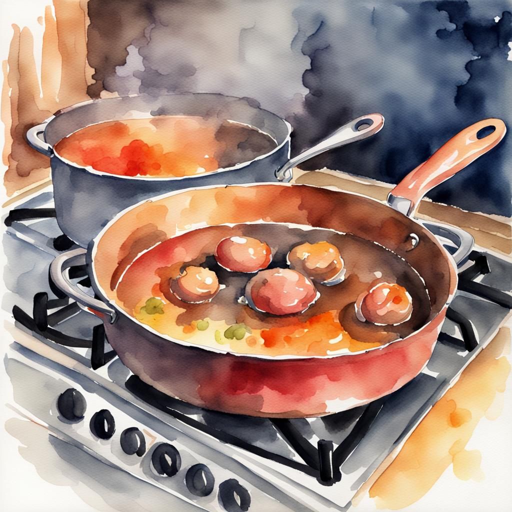 Watercolor Stew Bubbling on Stove in Kitchen