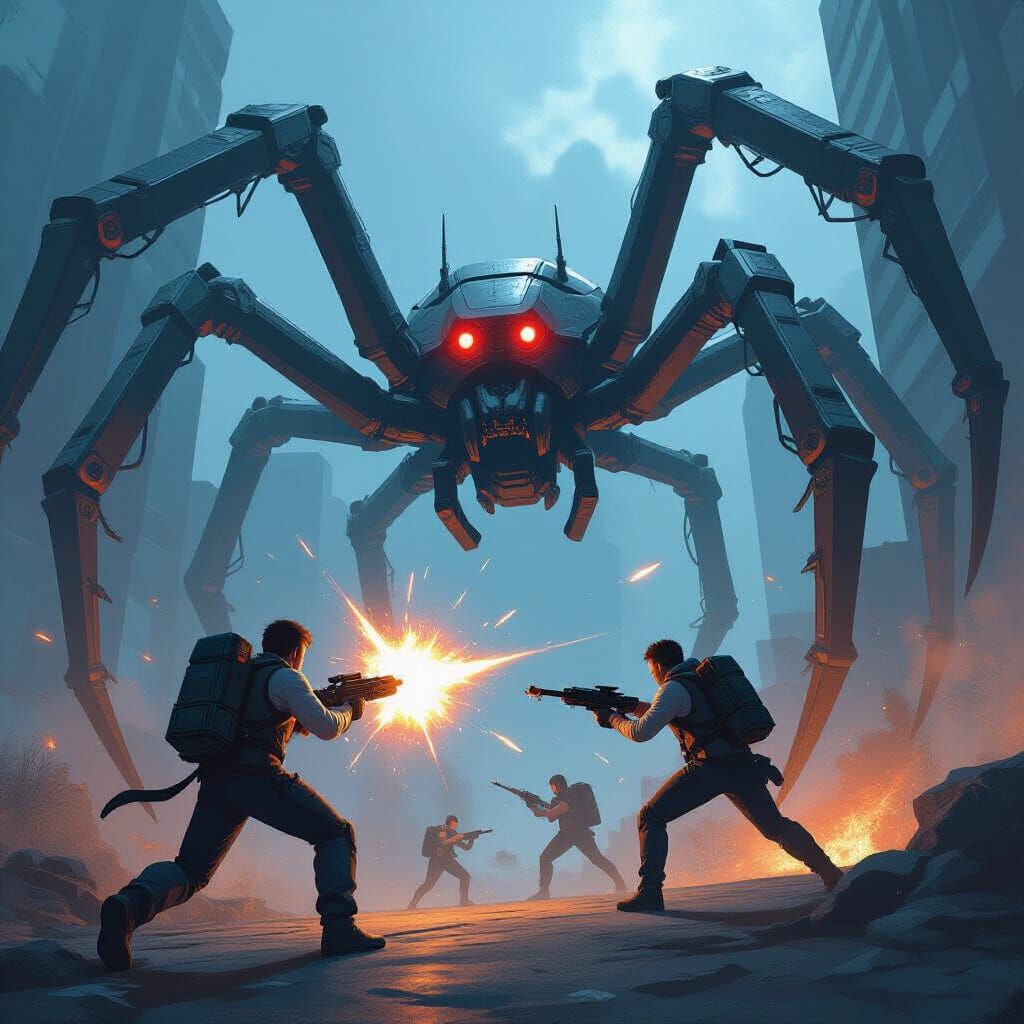 Man Attacks Giant Robot Spider on Video Game Cover