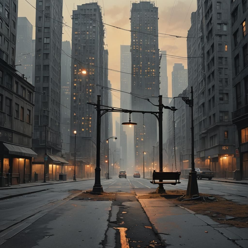 Melancholic Swing Set in Dystopian Cityscape