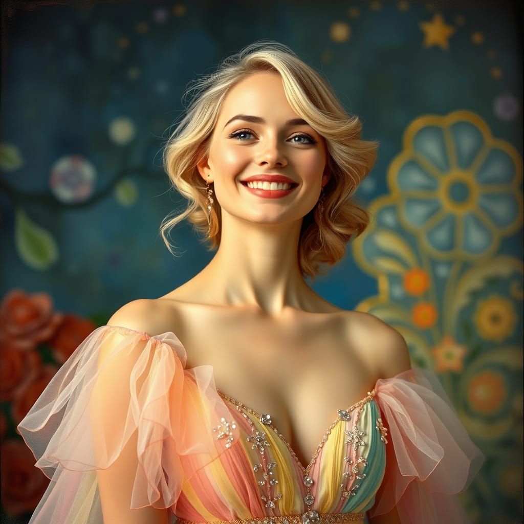 Elegant European Woman in Pastel Rainbow Gown