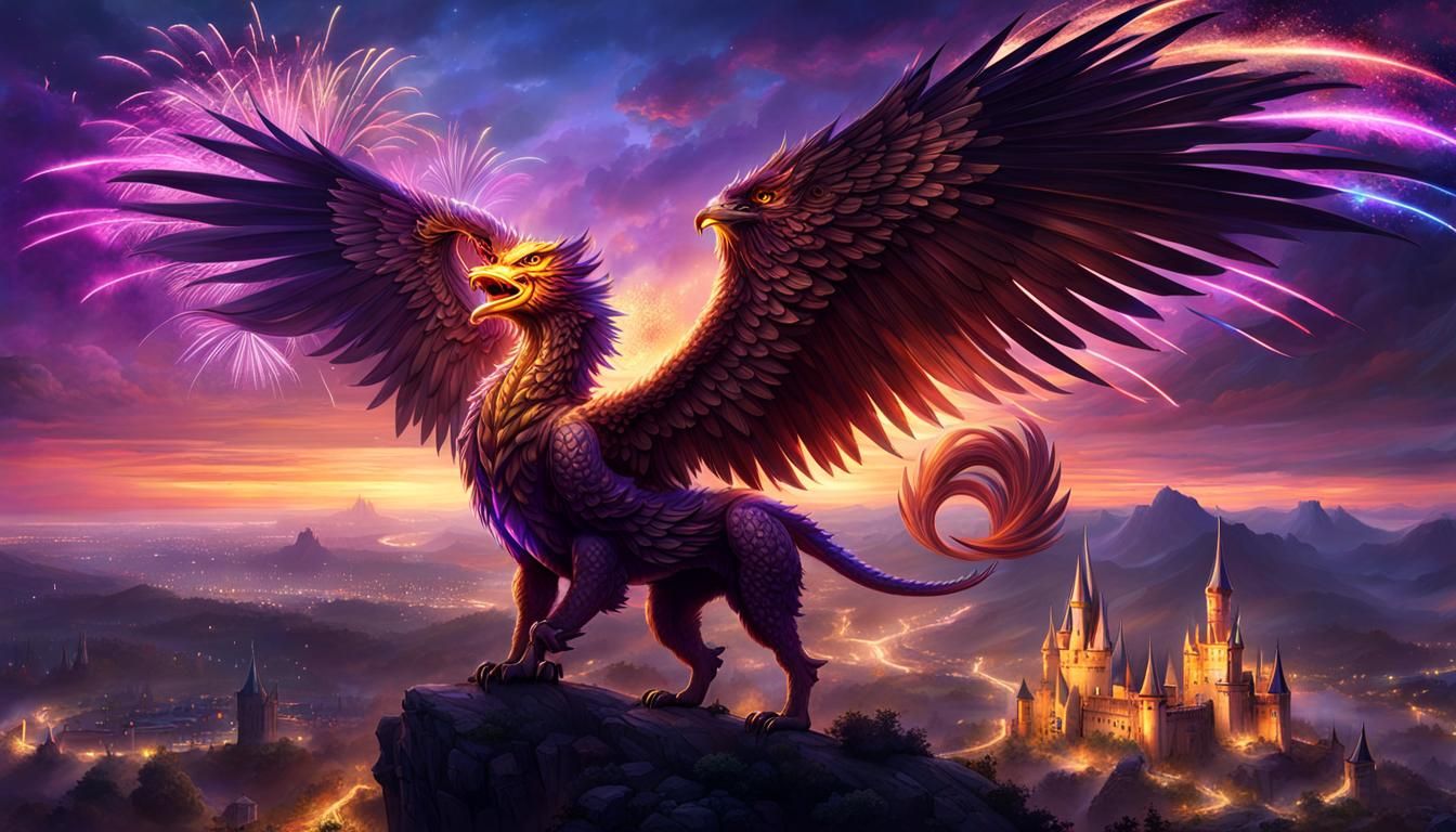 Griffin Shaped Fireworks Over Castle, Dark Fantasy Art