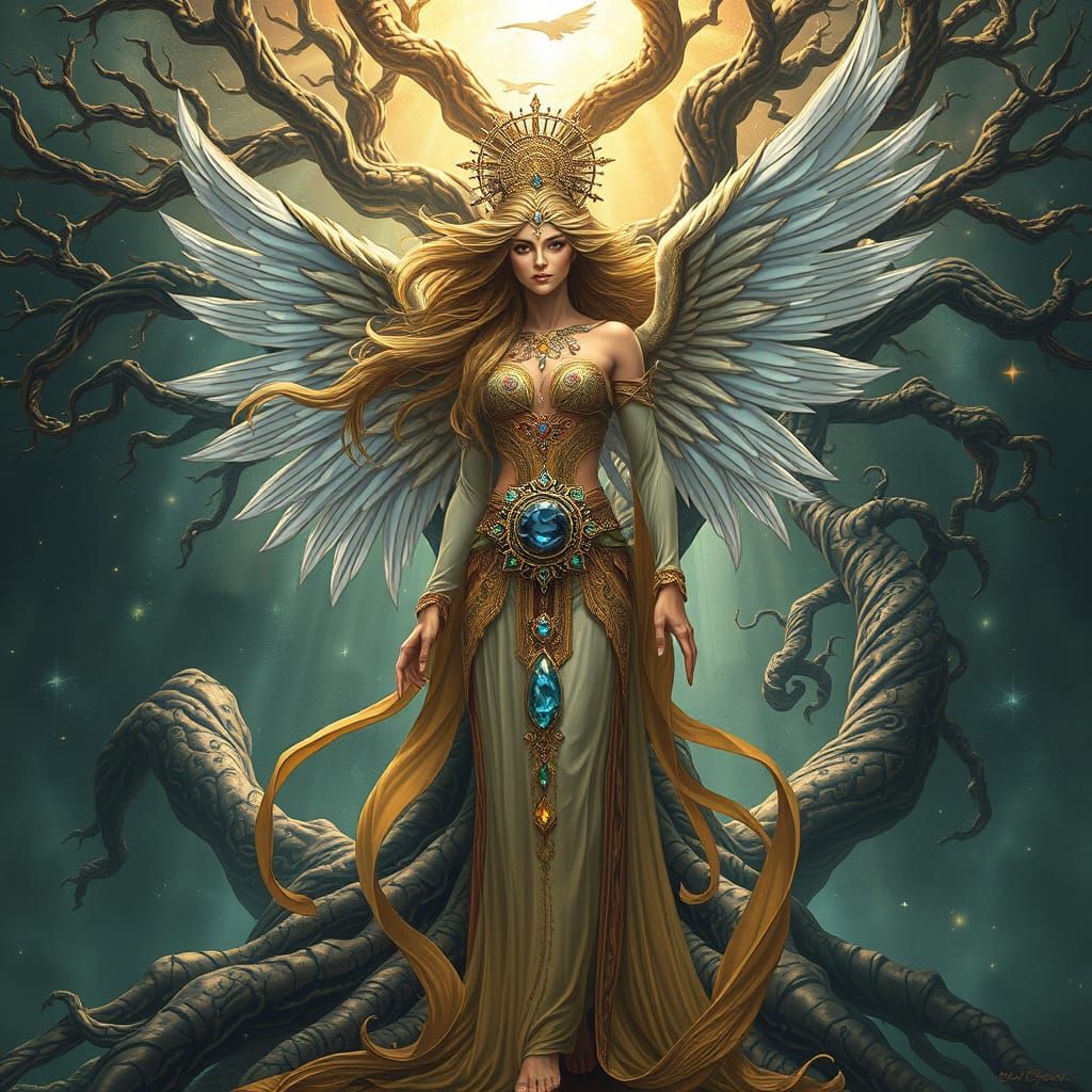 Ethereal Goddess of Life Unfolds Under Tree of Wisdom