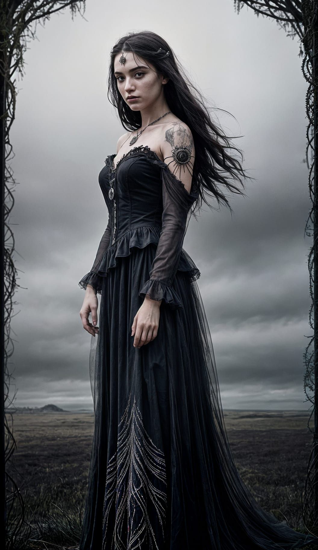 Melancholy Woman on Windswept Moor in Dark Romanticism