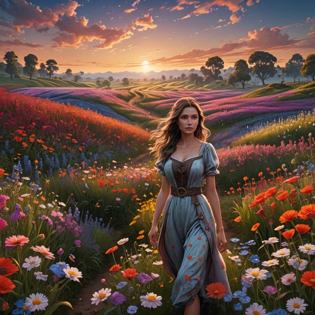 Dawn Flower Field with Girl, Detailed Matte Painting