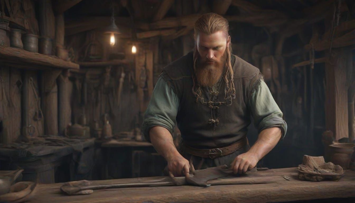 Viking Blacksmith in Cozy Cottage Workshop