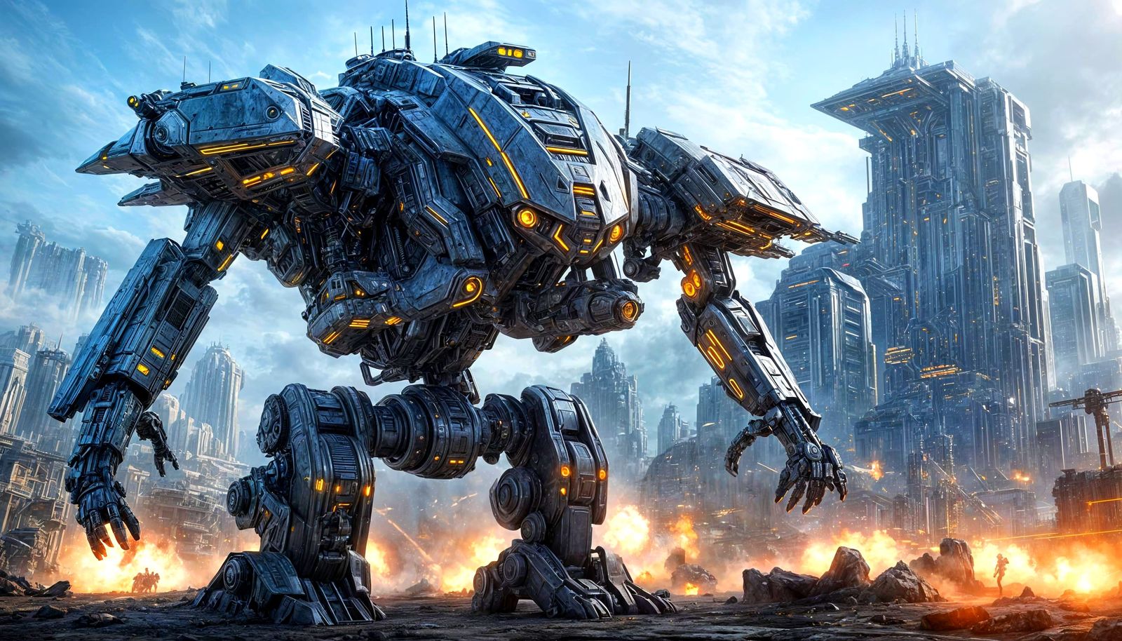 Cyberpunk Mech Battle in a Futuristic Cityscape