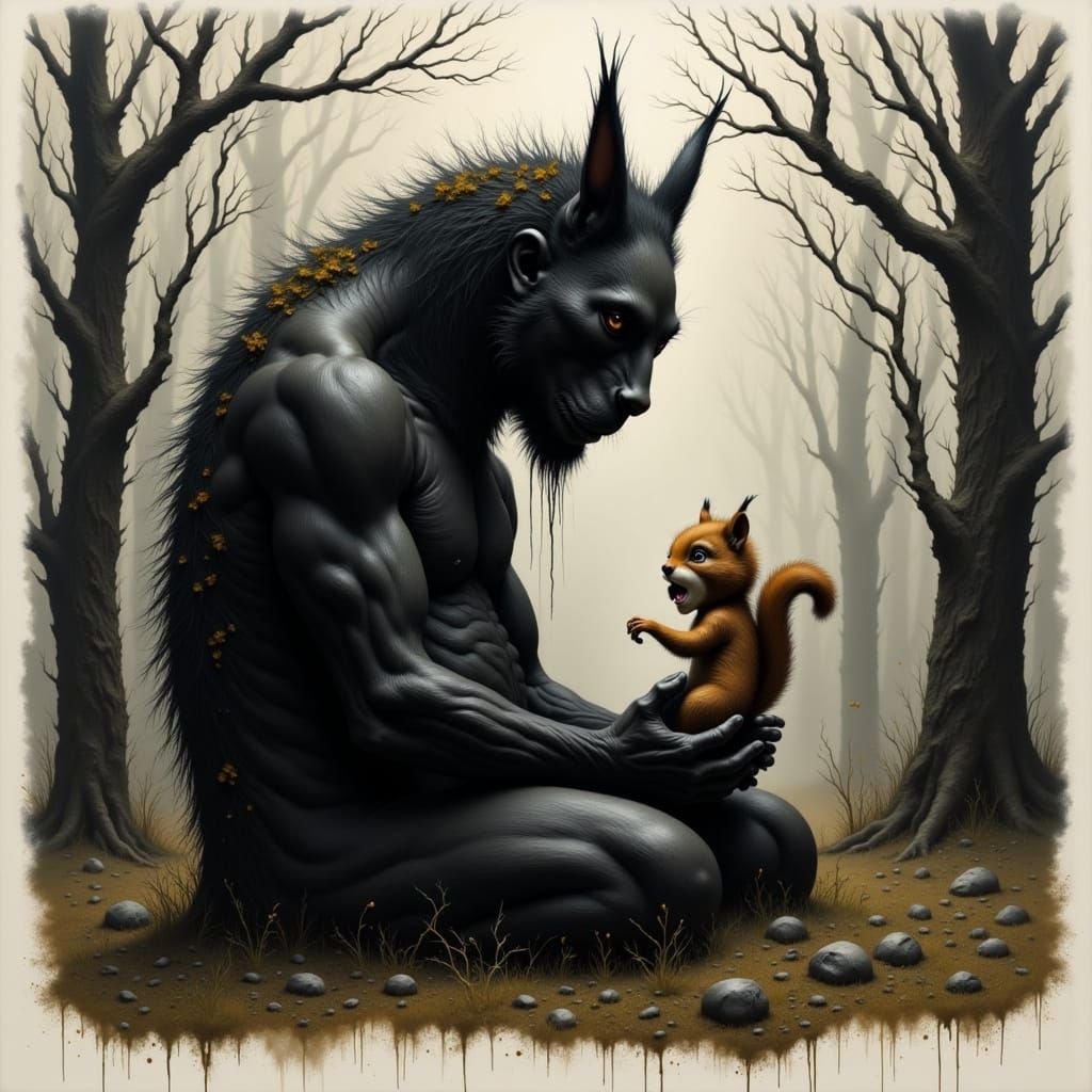 Giant holding a lost squirrel