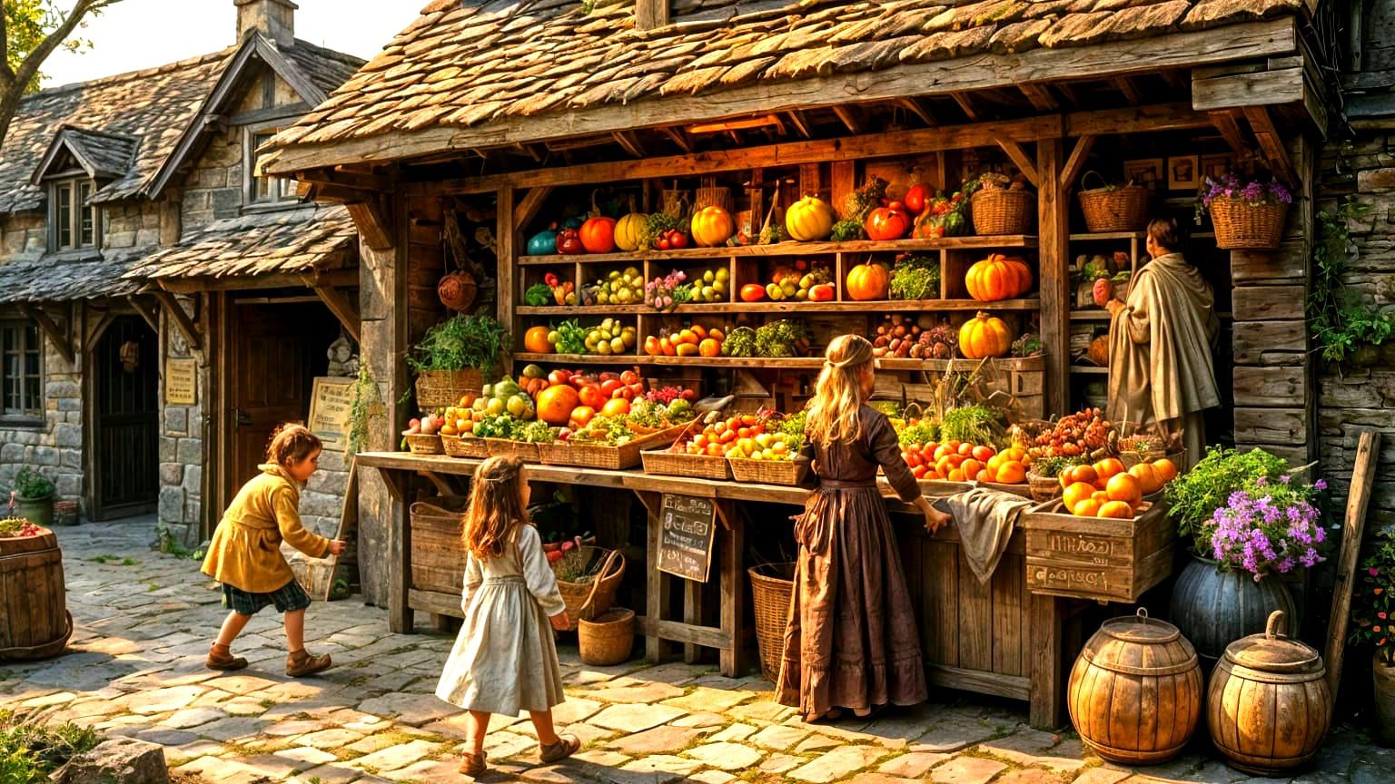 Enchanting Farmstand Scene Inspired by Fairytale Art