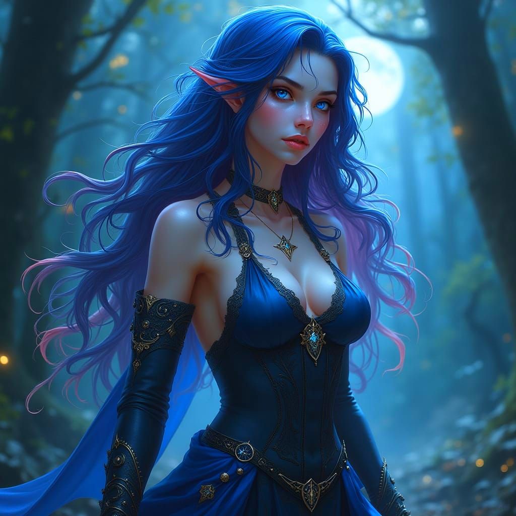 Ethereal Moon Elf Warlock in Dreamlike Attire