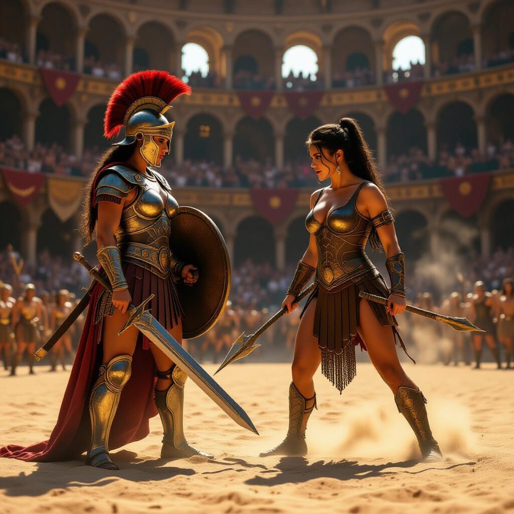 Female Gladiators Battle in Sunlit Roman Arena